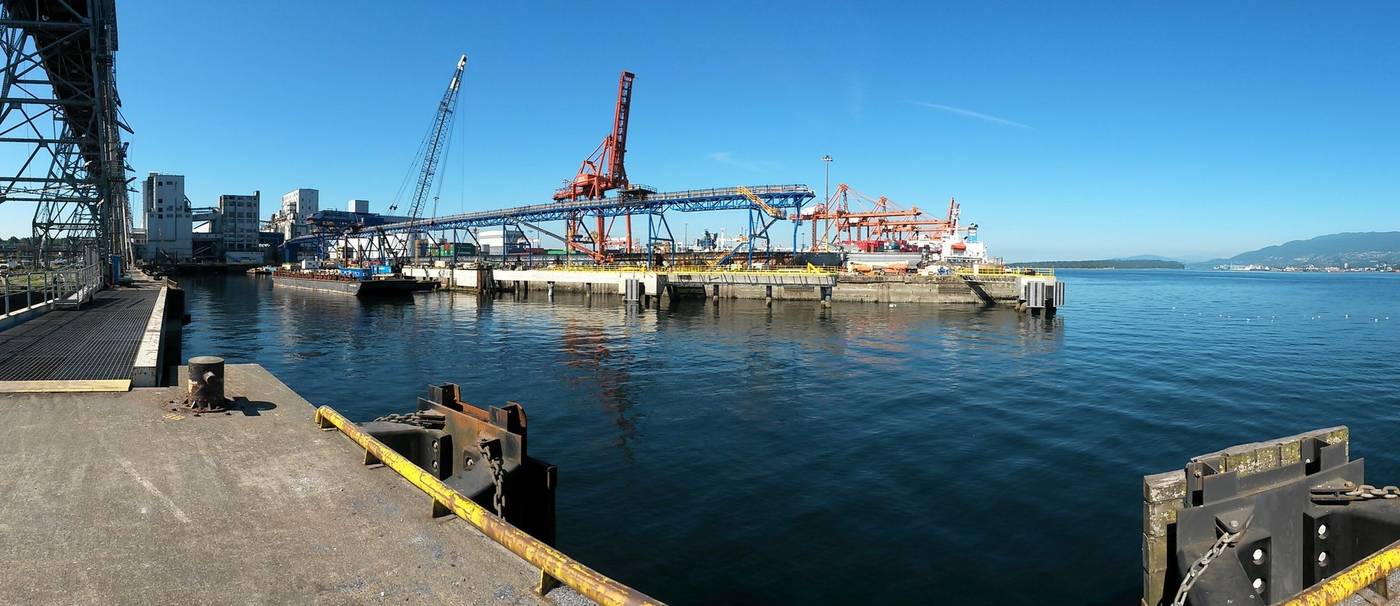 A wharf and terminal cranes on a calm harbour