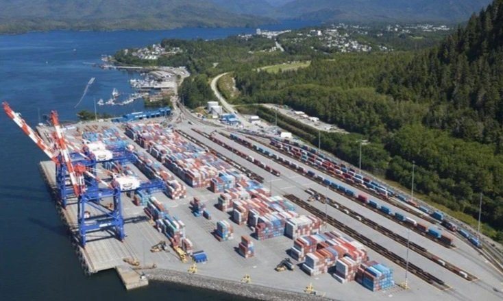 A container terminal at Prince Rupert with stacked containers
