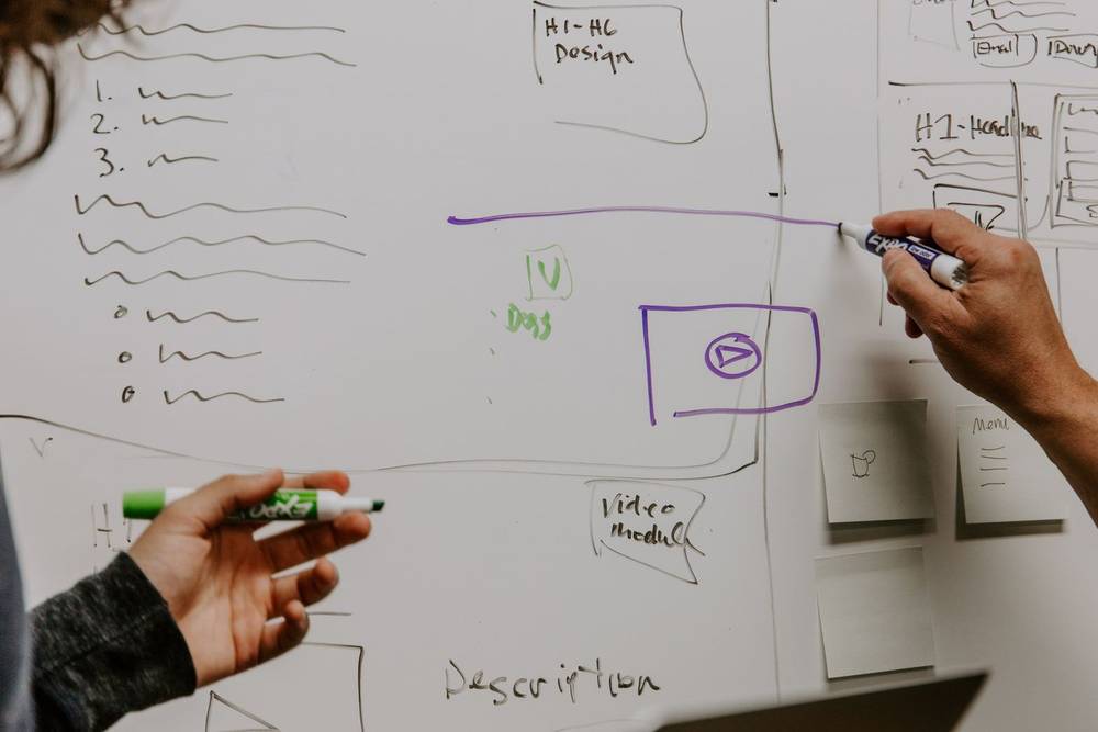 Hands sketching a planning diagram on a whiteboard